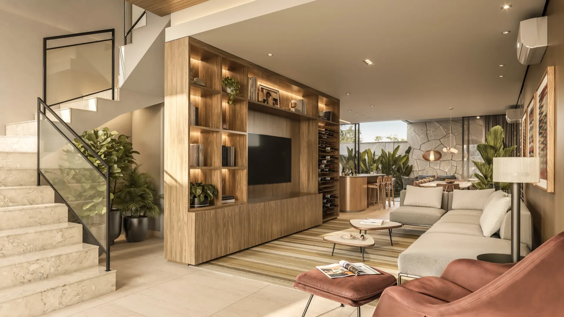 Living integrado do Casa Pietra com adega, parede de pedra e jardim interno