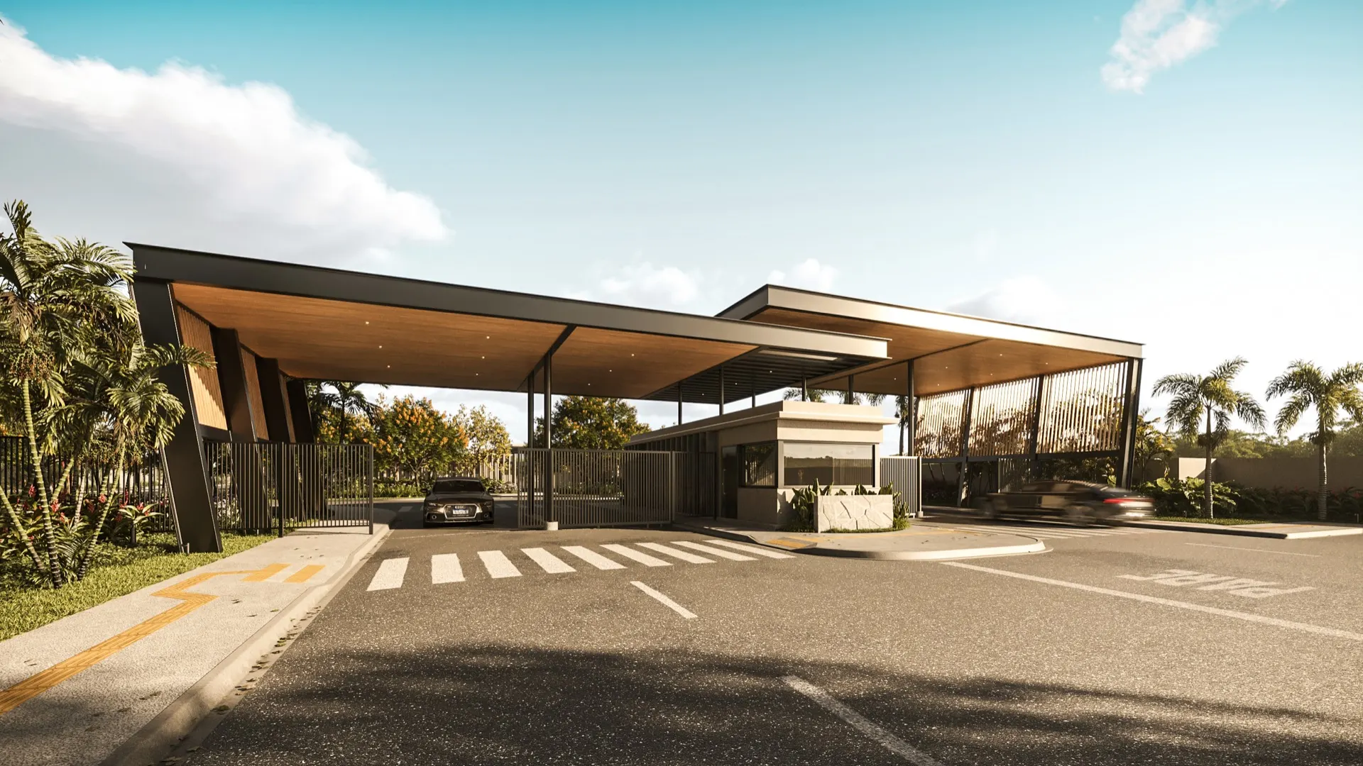 Portaria do Casa Pietra com cobertura em madeira e brises verticais